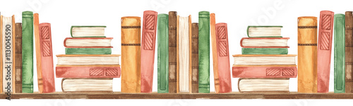 Watercolor seamless border with books, stacks, library, learning in random order for textures, prints, packaging on white background