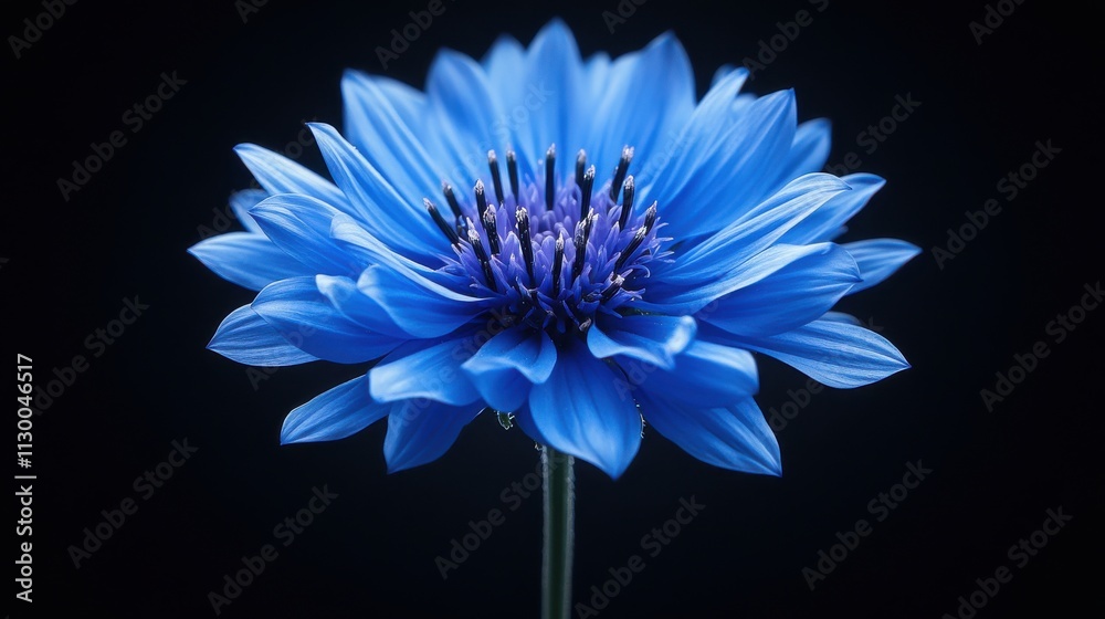 Fototapeta premium Extreme close-up of a cornflower, showcasing its vivid blue petals and spiky structure against a black background.