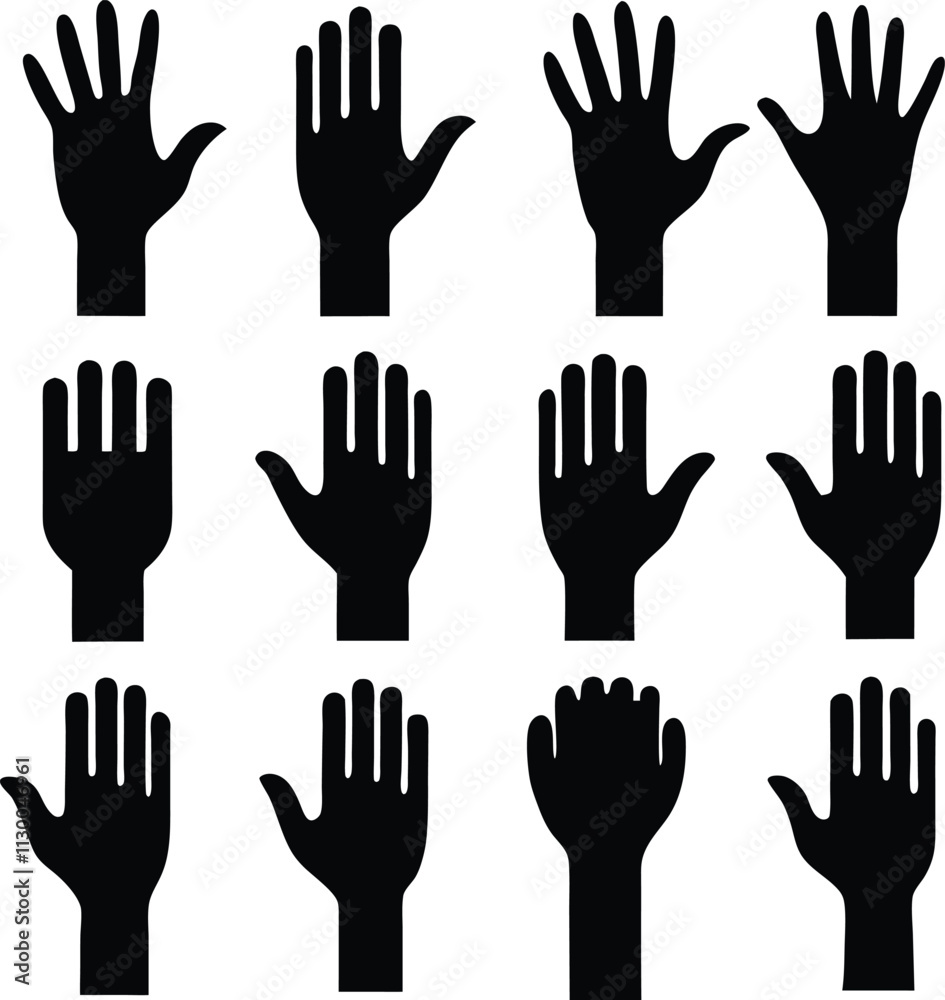 Obraz premium Black Hand Silhouettes Vector Art: Graphic Illustration of Human Hands in Various Poses for Design Elements and Creative Projects