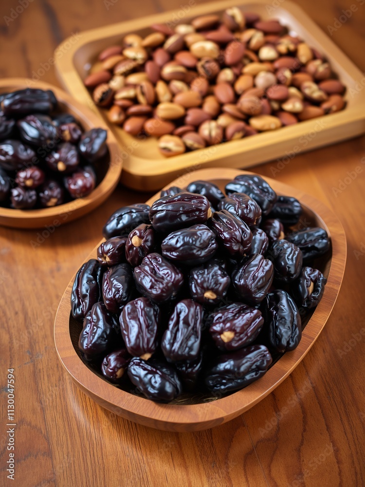 Assorted Dried Fruits and Nuts - Fresh Medjool Dates and Mixed Nuts in Decorative Bowls Assorted Dried Fruits and Nuts - Fresh Medjool Dates and Mixed Nuts in Decorative Bowls