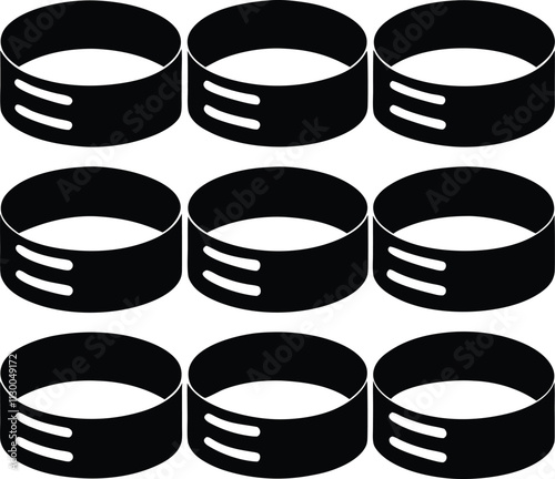 Black and White Graphic Illustration of Nine Round Wristbands with Double Slits - Minimalist Style Accessory Design Template