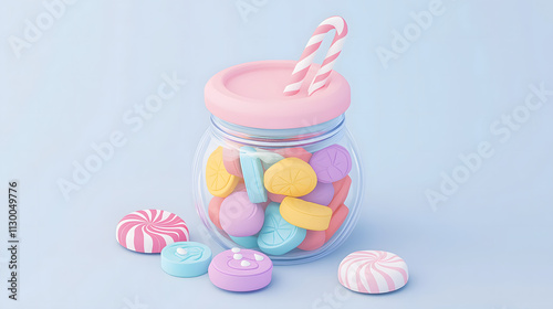 Colorful Candy Jar with Assorted Sweets and Striped Straw on Light Blue Background, Perfect for Celebrations or Festive Occasions