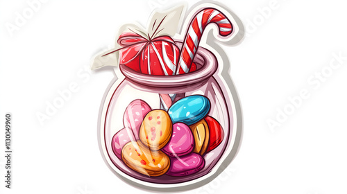 Colorful candy jar filled with assorted sweets, festive decorations including a red and white striped candy cane and a beautifully wrapped gift, bright and cheerful presentation