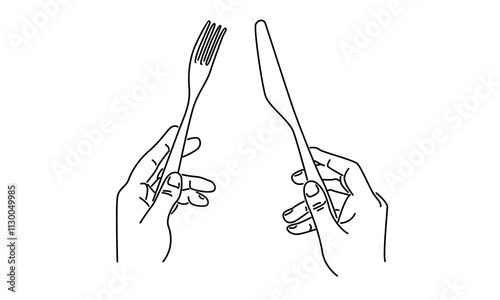 line art of hands holding spoon and fork