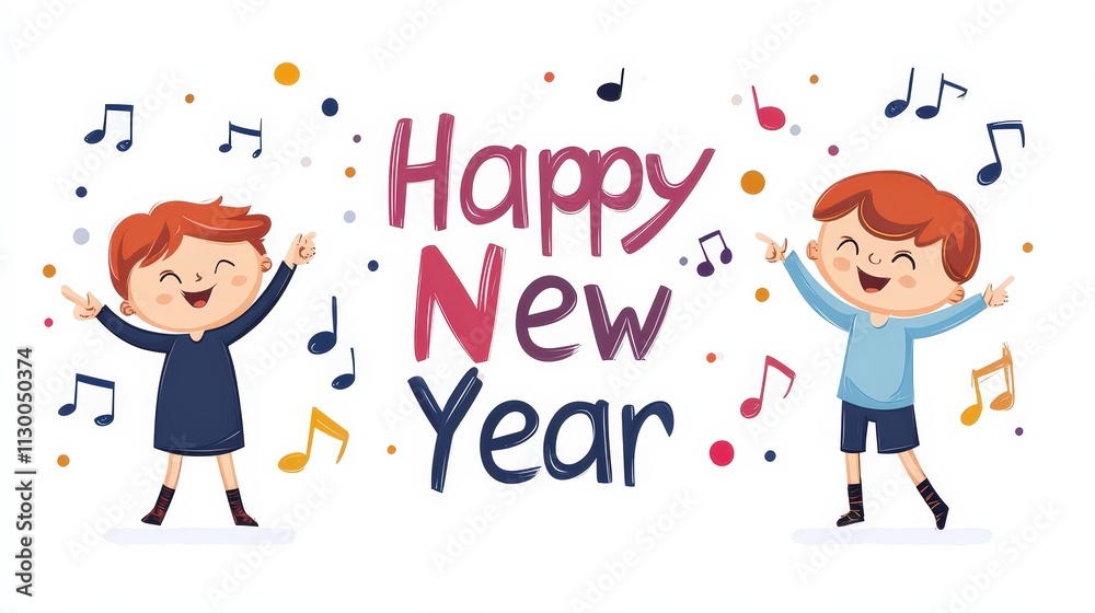 Two joyful children celebrate New Year with music notes, expressing happiness and excitement in a colorful, festive setting.