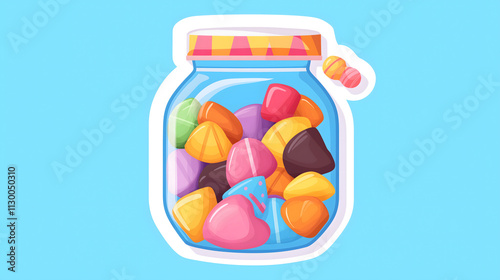 Colorful Candy Jar Filled with Assorted Sweets on a Light Blue Background, Perfect for Illustrations, Designs, or Celebrations in Fun Themes