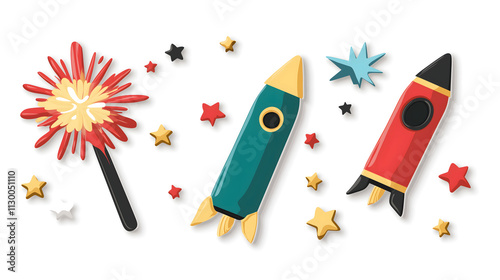Colorful Rocket Icons and Fireworks Elements for Celebrations, Parties, and Creative Projects with Stars and Fun Decorations for Children and Adults