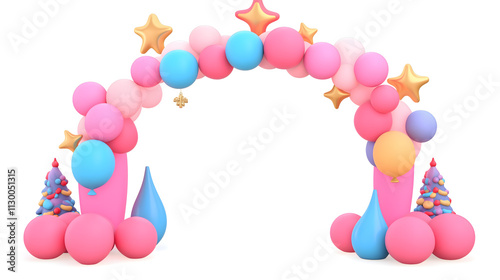 Colorful Balloon Arch Decoration for Festive Celebrations with Charming Trees and Vibrant Ornaments for Weddings, Birthdays, or Events