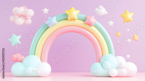 Colorful and Playful Balloon Arch with Clouds and Stars Against a Soft Pink Background for Celebrations and Events