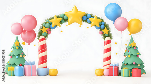 Colorful Christmas Arch with Balloons and Gifts, Festive Atmosphere for Holiday Celebrations, Perfect for Party Decor and Seasonal Events