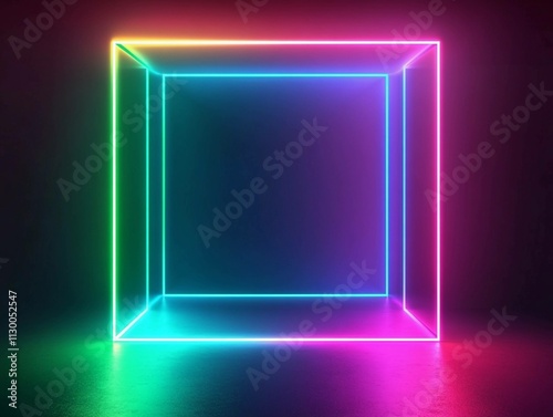 Futuristic neon gradient cube glowing in a dark space with vibrant colors enhancing a surreal atmosphere. Generative AI