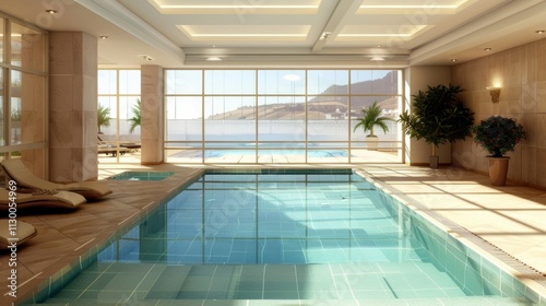 Modern indoor swimming pool with a stylish design and abundant sunlight from floor-to-ceiling windows photo