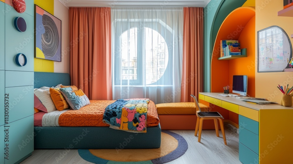 Fototapeta premium A colorful bedroom with a bed, desk, and chair