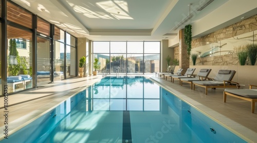 Modern indoor swimming pool with a stylish layout and abundant sunlight from large windows photo