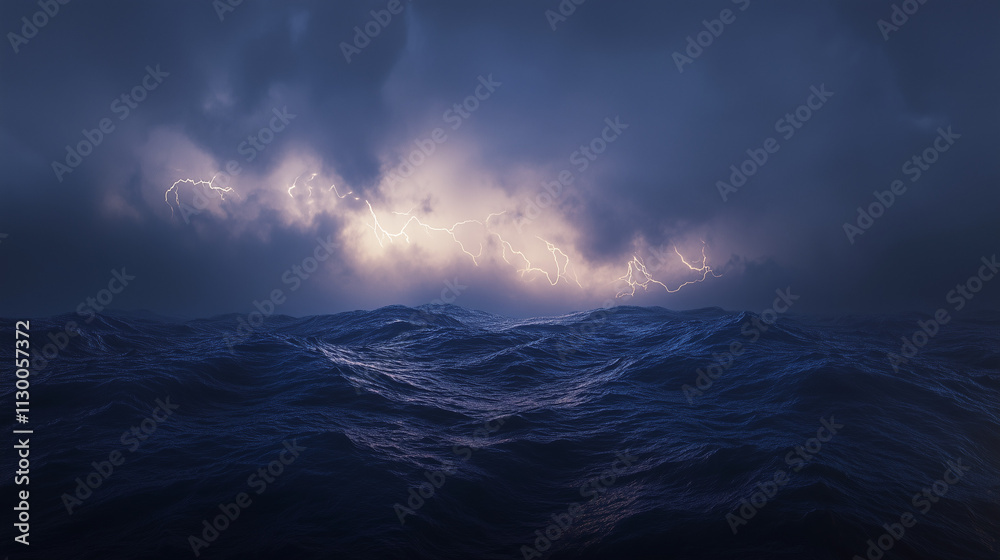 Fototapeta premium Thunderstorm Over a Dramatic Ocean with Crashing Waves and Striking Lightning in a Dark and Moody Atmosphere
