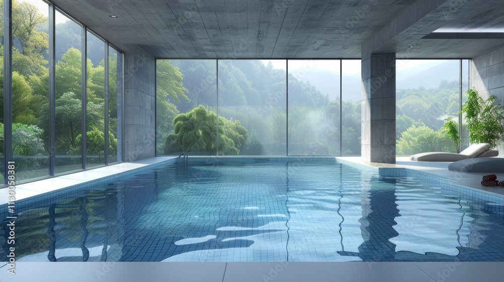 Fototapeta premium Modern indoor swimming pool with clean lines and natural light flooding in through large windows
