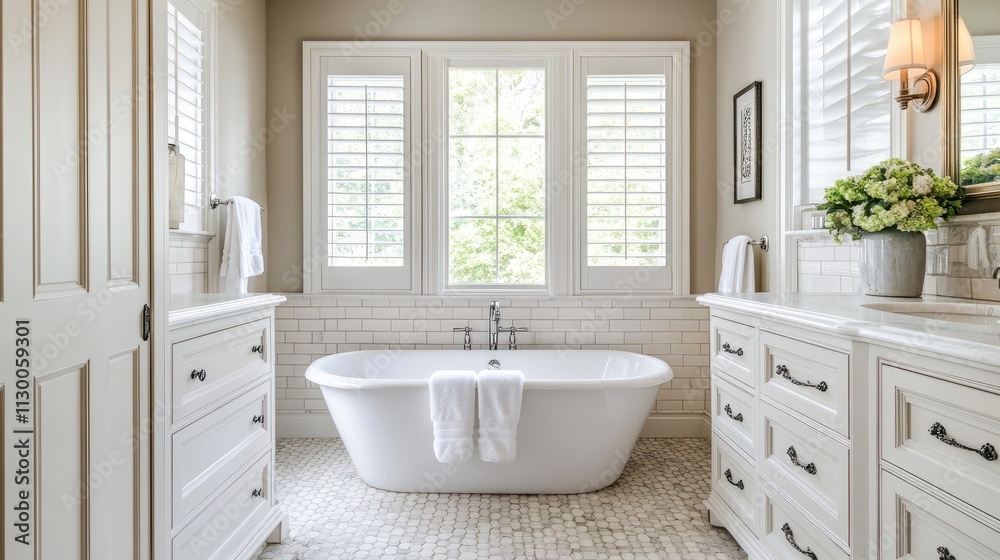 Fototapeta premium Elegant Modern Bathroom with Freestanding Bathtub and Natural Light