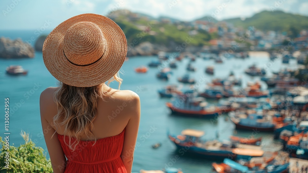 Fototapeta premium Woman wearing straw hat overlooking a vibrant coastal harbor