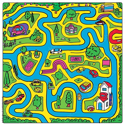 Exploring a colorful map adventure cars houses and nature paths in a whimsical landscape illustration photo