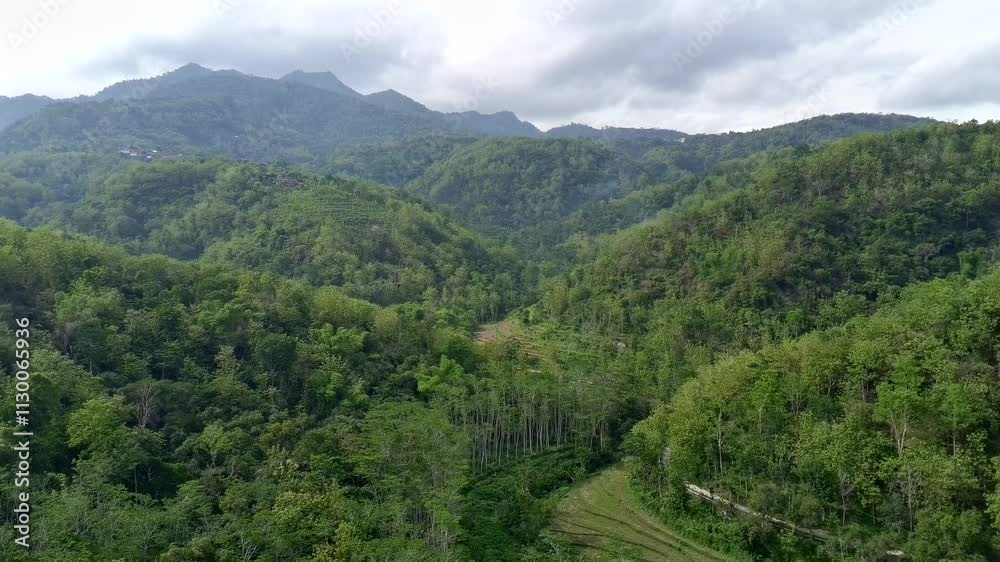 Aerial view of the mountains with beautiful green hills in Rembang, Central Java, Indonesia. Mountains among the wilderness and rice fields. Aerial view of the mountains with beautiful green hills in Rembang, Central Java, Indonesia. Mountains among the wilderness and rice fields.