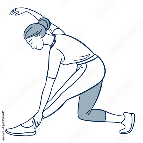 Minimalistic illustration of a woman stretching her body during a fitness routine in a gym setting for wellness practice