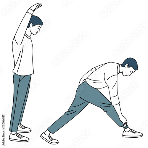 Guy stretching in a minimalistic design, illustrating flexibility and wellness during morning exercise routine