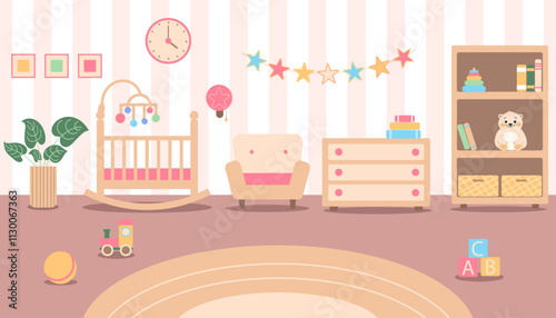 Baby girl room with furniture in flat style. Children room interior. Nursery with a baby cot, chair, book shelf, clock, flags, plant, toys. Flat Vector illustration. Muted colors, calm 
