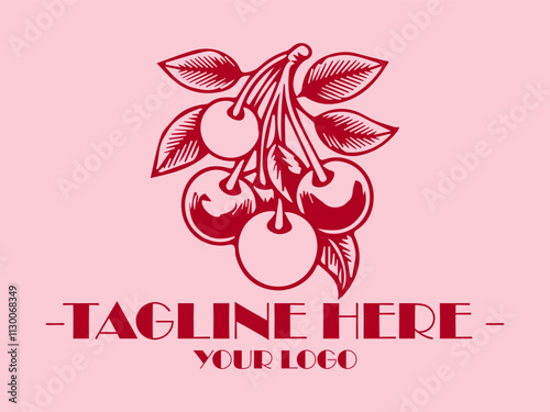 Red cherries on branch with leaves, pink background. Perfect for summerthemed designs, fruit illustrations, or refreshing beverage packaging