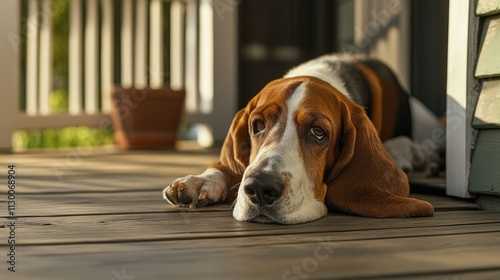 A relaxed dog lying on a wooden porch, enjoying a calm moment in the sun.