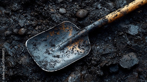 Shovel Buried in Muddy Soil with Gritty Hardworking Concept photo