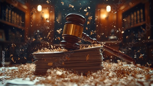 Gavel Smashing Down on Stack of Bankruptcy Papers Symbolizing Legal Proceedings and Judgment on Failing Business