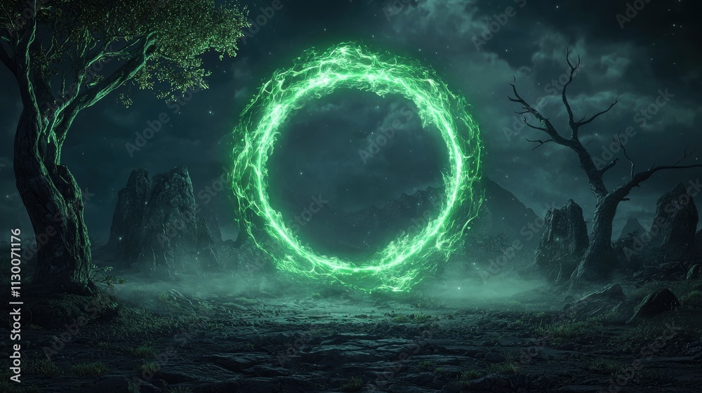 Φωτογραφία Futuristic Portals A swirling vortex of energy within a neon green portal, leading to an unknown dimension, surrounded by a dark, mysterious environment