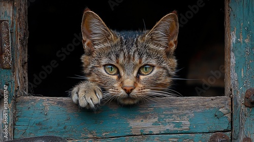 Curious Feline s Hesitant Paw at Wooden Door Entrance photo