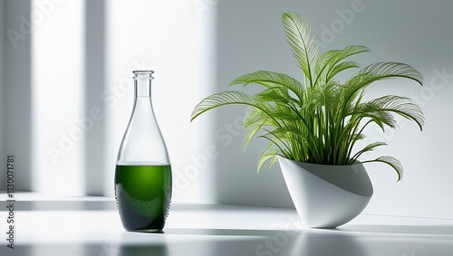 A sleek, modern arrangement featuring a elegantly curved glass beverage bottle with a dash of condensation, placed adjacently to a lush, vibrant green plant with delicate, feathery leaves, both displa photo