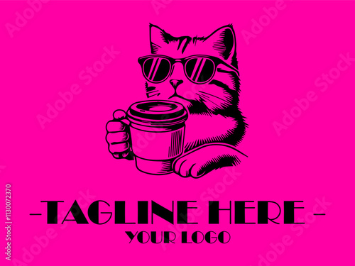 Cool cat in sunglasses sips hot coffee against a pink background. Perfect for petrelated social media posts, vektor and marketing materials