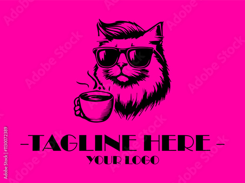 Cool cat in sunglasses sips hot coffee against a pink background. Perfect for petrelated social media posts, vektor and marketing materials