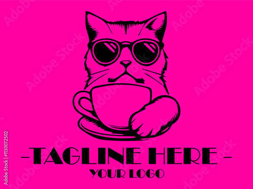 Cool cat in sunglasses sips hot coffee against a pink background. Perfect for petrelated social media posts, vektor and marketing materials