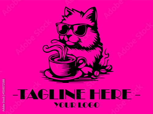 Cool cat in sunglasses sips hot coffee against a pink background. Perfect for petrelated social media posts, vektor and marketing materials