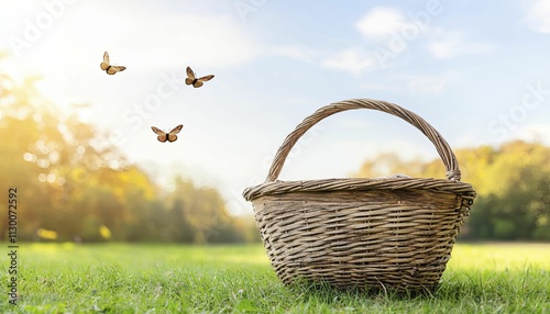 Wooden picnic basket, rustic family getaway vibe, warm wood hues, front view emphasis, surrounded by vibrant greenery and clear blue skies. photo