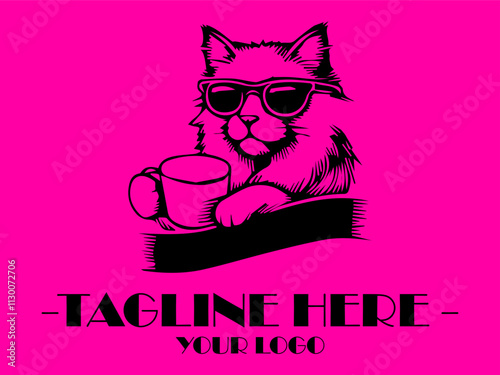 Cool cat in sunglasses sips hot coffee against a pink background. Perfect for petrelated social media posts, vektor and marketing materials
