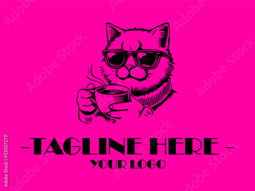 Cool cat in sunglasses sips hot coffee against a pink background. Perfect for petrelated social media posts, vektor and marketing materials