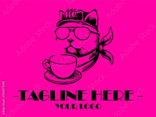 Cool cat in sunglasses sips hot coffee against a pink background. Perfect for petrelated social media posts, vektor and marketing materials