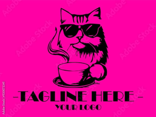 Cool cat in sunglasses sips hot coffee against a pink background. Perfect for petrelated social media posts, vektor and marketing materials