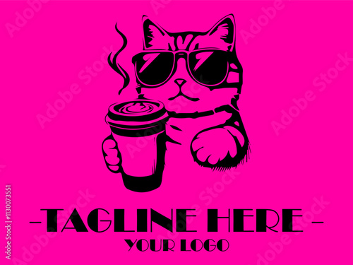 Cool cat in sunglasses sips hot coffee against a pink background. Perfect for petrelated social media posts, vektor and marketing materials