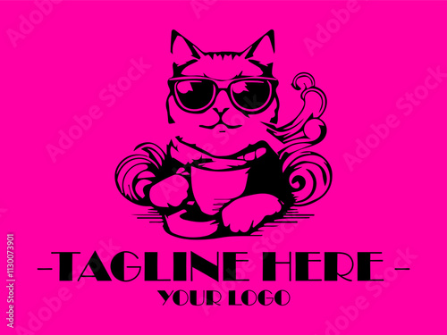 Cool cat in sunglasses sips hot coffee against a pink background. Perfect for petrelated social media posts, vektor and marketing materials