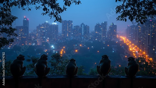 Monkeys sitting on ledge overlooking urban city lights photo