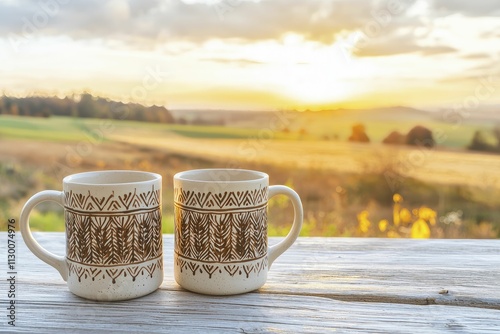 Handmade ceramic coffee mugs, bohemian style, warm neutrals, front view focus, accompanied by tranquil garden and twilight sky backdrop.