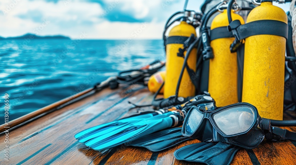 Fototapeta premium Scuba Diving Equipment on Boat Deck with Ocean Background