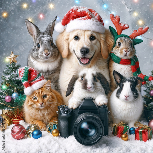 A group of cute pets take part in a New Year's photo shoot . Generative AI
