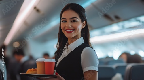 Smiling Flight Attendant Serving Coffee, Bread, Airplane Travel